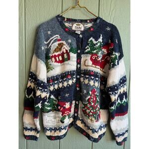 Vintage Tiara International Christmas Sweater Cardigan Large Winter Scene